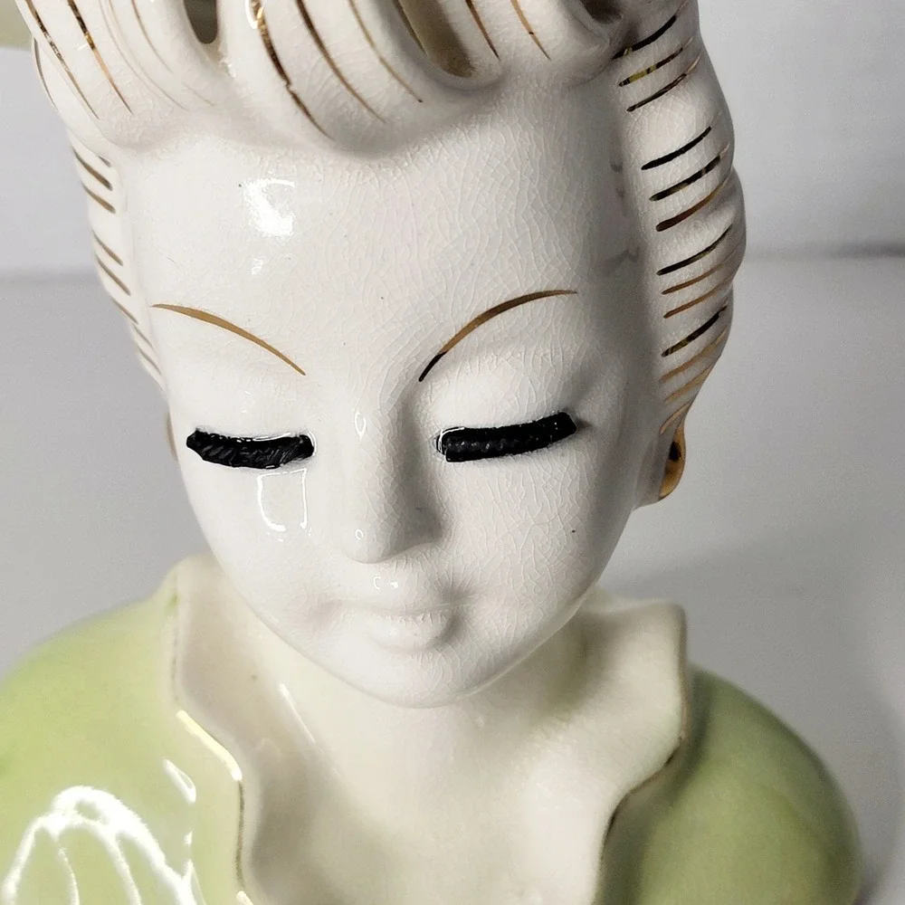 Vintage Lady Head Vase Porcelain Japan Style Green Hat and Dress Floral